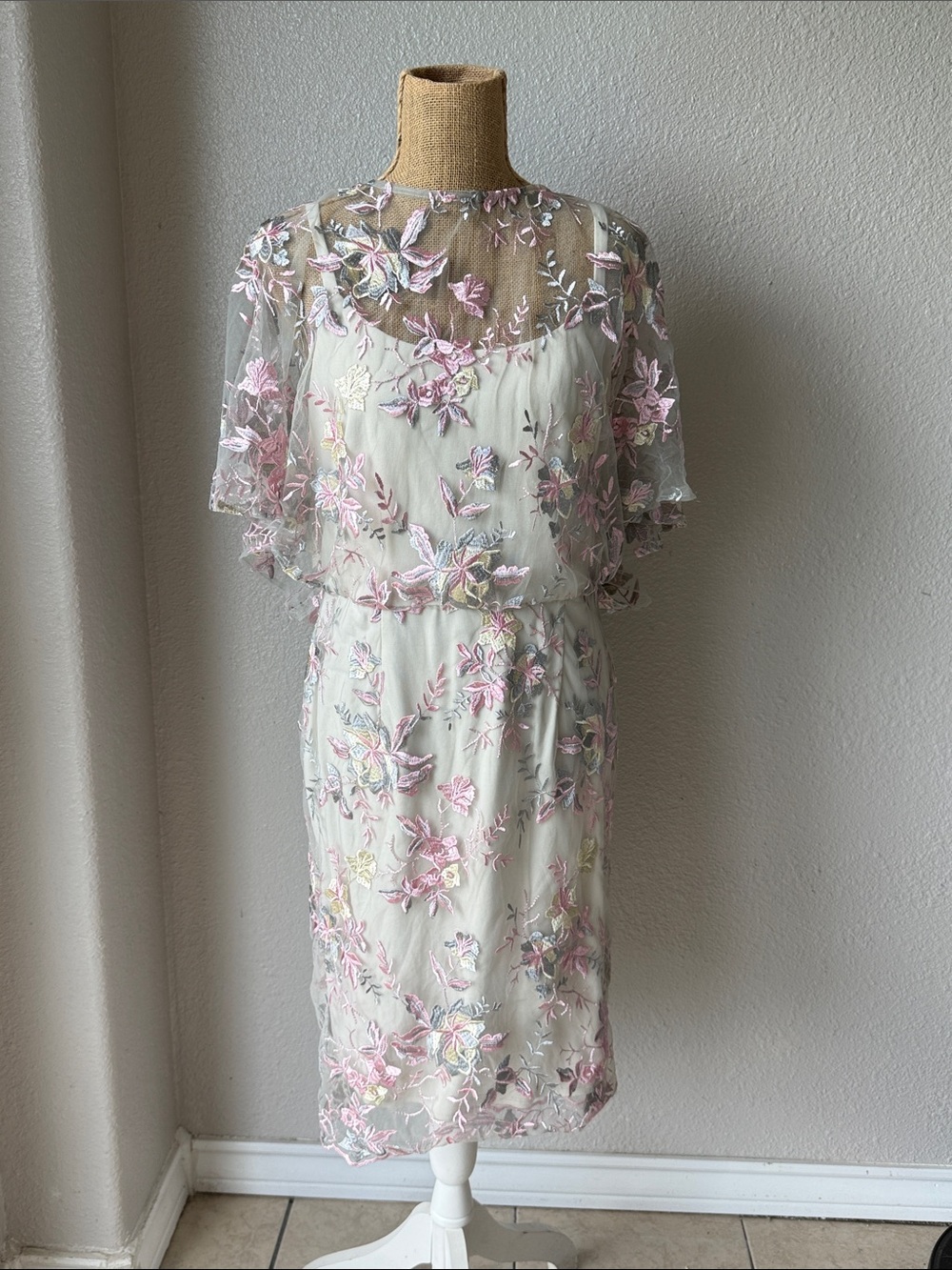 Elegant Embroidered Floral Sheer Overlay Midi eDress - Pink on Ivory